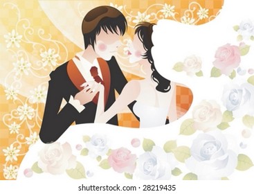 Happy Young Married Couple on a background of romantic floral pattern - beautiful bride in white dancing with her groom