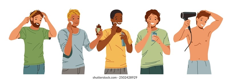 Happy young men doing cosmetic and hygienic procedures flat color vector icon set. Masculinity and selfcare illustration pack on white background