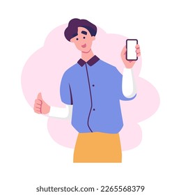 happy young men holding smartphone flat illustration vector design