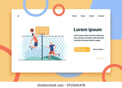 Happy young men playing basketball on court. Two team players training at fence and throwing ball into basket. Vector illustration for urban stadium, sport activity concept