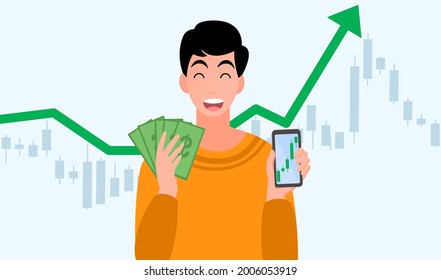 Happy young men trading stocks market get profit,hold cash and smartphone, investing concepts, Candlestick graph buy and sell sign,internet earning cash study, winning plenty of money, vector 