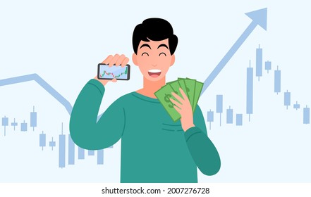 Happy young men trading stocks market get profit,hold cash and smartphone, investing concepts, Candlestick graph buy and sell sign,internet earning cash study, winning plenty of money, vector 