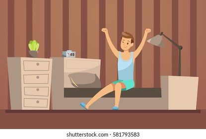 Happy young men wake up in the morning. Vector illustration design.