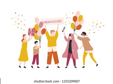 Happy young men and woman celebrating birthday. People rejoicing at surprise party. Joyful teenagers with gifts, balloons and congratulation banner. Colorful vector illustration in trendy flat style.