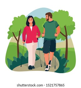 Happy young men and women dressed in sports clothing performing nordic walking in forest.  Flat cartoon characters. Vector illustration.