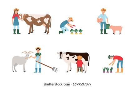 Happy young men and women farmers with animals, plants and tools