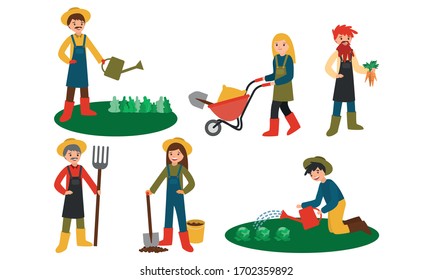 Happy young men and women farmers taking care of plants and harvesting
