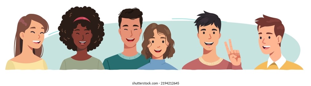 Happy young men, women friends persons group portrait. Smiling multiethnic people characters in casual clothes standing together, posing, showing winner gesture. Friendship flat vector illustration