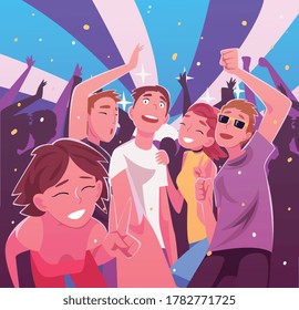 Happy Young Men and Women Having Fun and Dancing at Nightclub, Party or Music Festival Vector Illustration