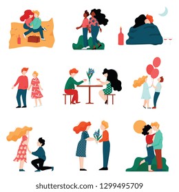 Happy Young Men and Women on Dates Set, Romantic Couples Embracing, Kissing and Holding hands, Happy Lovers on Date Vector Illustration
