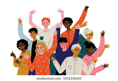 Happy Young Men and Women Standing Together, Diverse Multiracial Group of People, Social Diversity Vector Illustration