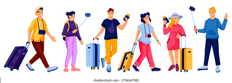 Happy young men and women tourists with baggage, isolated on white background. Vector flat cartoon summer vacation and tourism design elements. Travel people characters set