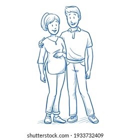 Happy young mixed couple (future family) in casual clothes with pregnant mother holding her baby belly. Hand drawn line art cartoon vector illustration.