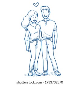 Happy young mixed couple in love in casual clothes. Hand drawn line art cartoon vector illustration.