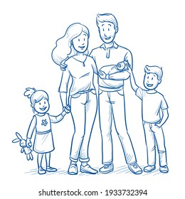 Happy young mixed family of five in casual clothes with two young children (appx. 3 and 7 years old) and new born baby. Hand drawn line art cartoon vector illustration.