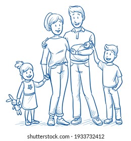 Happy young mixed family of five in casual clothes with two young children (appx. 3 and 7 years old) and new born baby. Hand drawn line art cartoon vector illustration.