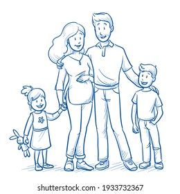 Happy young mixed family of four in casual clothes with two young children (appx. 3 and 7 years old) and pregnant mother. Hand drawn line art cartoon vector illustration.