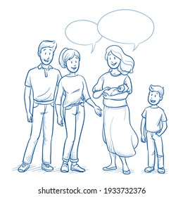 Happy young mixed family of four in casual clothes with a young boy and new born baby, talking with a pediatric nurse, asking questions about the baby. Hand drawn line art cartoon vector illustration.