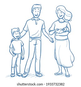 Happy young mixed family of three in casual clothes with a young child (appx. 7 years old) and new born baby. Hand drawn line art cartoon vector illustration.