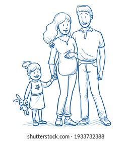 Happy young mixed family of three in casual clothes with a young child (appx. 3 years old) and pregnant mother. Hand drawn line art cartoon vector illustration.