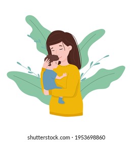 Happy young mom hugs her baby. Happy Mothers Day Greeting Card.