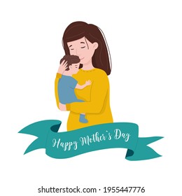 Happy young mom hugs her baby. Happy Mothers Day Greeting Card.