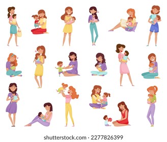 Happy Young Mom with Kids Nursing and Babysitting Big Vector Set