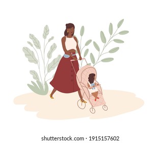 Happy young mom walking with baby in stroller. African American mother and daughter. Modern woman pushing pram with child. Colored flat vector illustration isolated on white background