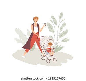 Happy young mom walking with baby in stroller. Mother and son. Modern woman with cup of coffee pushing pram with child. Colored flat vector illustration isolated on white background