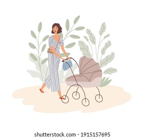 Happy young mom walking with baby in pram. Modern trendy woman pushing stroller with child. Mother with pushchair. Colored flat vector illustration isolated on white background