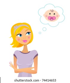 Happy young mother awaiting her baby. Vector Illustration.