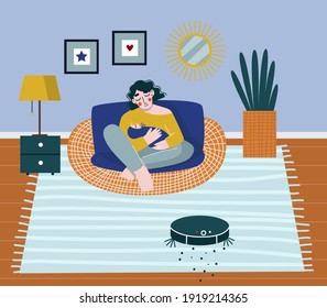 Happy young mother with baby rest while robot vacuum cleaner hoovering. Flat vector illustration.