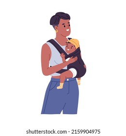 Happy Young Mother Carrying Baby In Sling. Mom With Infant, Toddler In Carrier Wrap. Black Woman Holding Cute Little Child. Mommy And Kid. Flat Vector Illustration Isolated On White Background