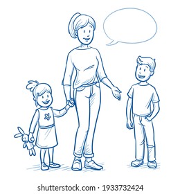 Happy young mother or childcare nurse with two young children (appx. 3 and 7 years old) talking to the boy. Hand drawn line art cartoon vector illustration.