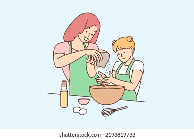 Happy young mother and daughter cooking at home together. Smiling mom and girl child have fun baking in kitchen. Motherhood concept. Vector illustration. 