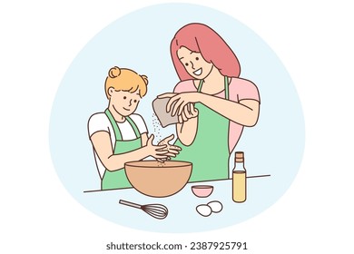 Happy young mother and daughter cooking at home together. Smiling mom and girl child have fun baking in kitchen. Motherhood concept. Vector illustration.