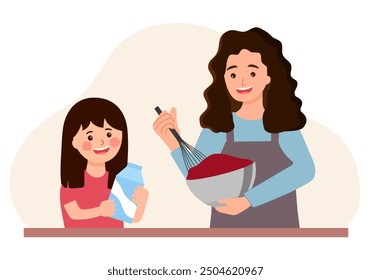 Happy young mother and daughter cooking at home together. Smiling mom and girl child have fun baking in kitchen.