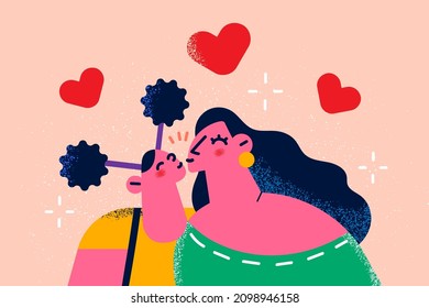 Happy young mother and daughter kiss show care and love enjoy family time together. Smiling mom and small girl child have fun relax on weekend. Motherhood concept. Gratitude. Vector illustration. 