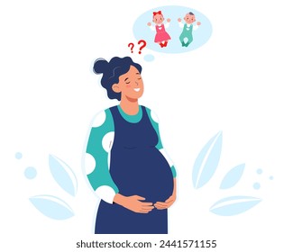 Happy young mother expecting for baby. Pregnant dreaming about of her future baby. Boy or girl. Gender of child. 