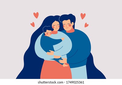 Jovem mãe e pai felizes abraçam seu filho com carinho e amor. Conceito de família. Ilustração vetorial