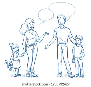 Happy young mother and father are talking (with two children approx. 3 and 7 years old). Hand drawn line art cartoon vector illustration.