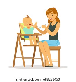 Happy young mother feeding her baby in highchair, colorful vector Illustration