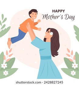 Happy Young Mother having fun with her son. Mum lifting kid up.Happy Mother's Day Greeting Card.Vector illustration