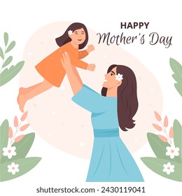Happy Young Mother having fun with her daughter. Mum lifting kid up.Happy Mother's Day Greeting Card.Vector illustration