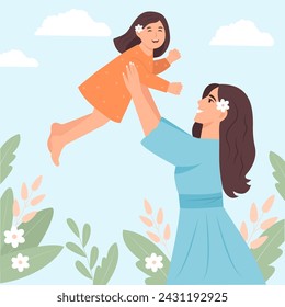 Happy Young Mother having fun with her daughter. Mum lifting  kid up.Mother's Day Vector Illustration