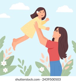 Happy Young Mother having fun with her daughter. Mum lifting  kid up.Mother's Day Vector Illustration