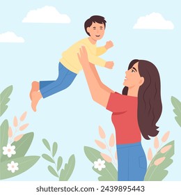 Happy Young Mother having fun with her son. Mum lifting  kid up.Mother's Day Vector Illustration