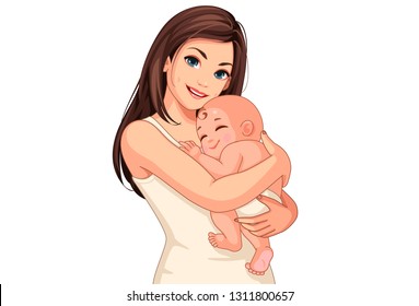 Happy young mother with her little cute sleeping baby 