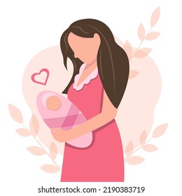 
Happy young mother with her little cute baby.Happy family concept. Pregnancy and motherhood. Vector illustration in a flat style. Cartoon character. Mother holds her child in her arms. Newborn girl.