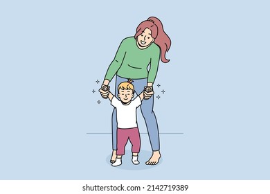 Happy young mother hold little baby child make first steps. Smiling loving mom lead excited small kid toddler walking. Motherhood and childhood concept. Flat vector illustration. 